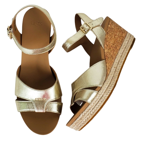 New Ugg womens cloverdale metallic leather gold espadrille wedge sandals